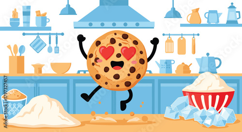 Happy cartoon chocolate chip cookie character with heart eyes jumping excitedly in a vibrant kitchen full of baking ingredients, celebrating the joy of baking and sweet treats.