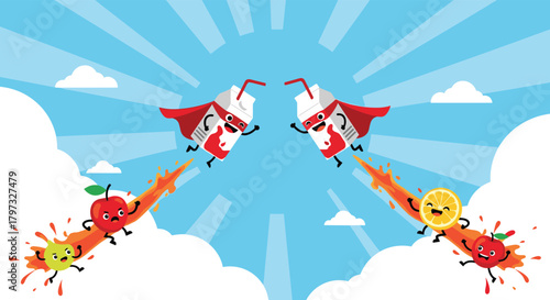 Two cartoon superhero juice boxes fly dynamically across a vibrant blue sky, leaving energetic trails of colorful juice that carry various animated fruits.