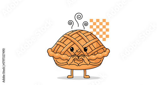 A cute and happy cartoon pie with a golden lattice crust, making a heart shape with its hands, emitting warm steam, and set against a pixelated orange checkerboard background.