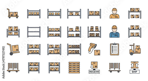 Collection of Warehouse Storage Shelves and Delivery Icons.