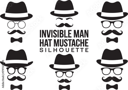 Invisible Man Hat Mustache Silhouette Set Retro Fedora, Glasses, and Vintage Style Icons
