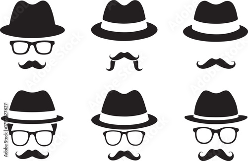 Invisible Man Hat Mustache Silhouette Set Retro Fedora, Glasses, and Vintage Style Icons

