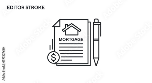 Black and white line art icon representing a home mortgage contract loan agreement and financial document.