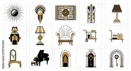 Collection of Ornate Vintage Luxury Home Decor and Furniture Icons.
