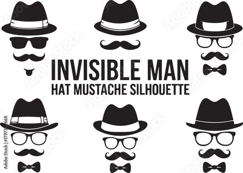 Invisible Man Hat Mustache Silhouette Set Retro Fedora, Glasses, and Vintage Style Icons

