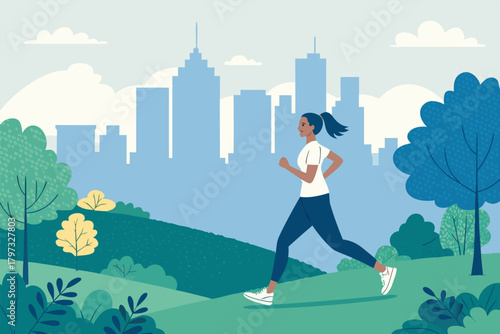 Fit woman jogging energetically in urban park, breathtaking city skyline, morning sunlight, vibrant greenery, active lifestyle, fitness goals.