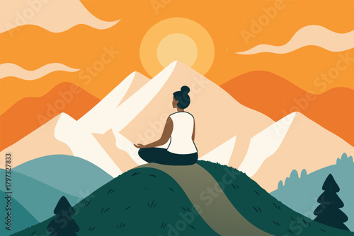 Serene woman meditating atop a majestic mountain as a vibrant sunrise paints the sky with breathtaking colors, inspiring peace and reflection.