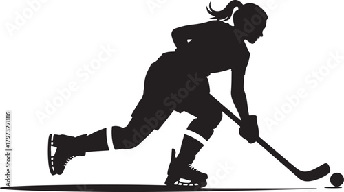 Female ice hockey player silhouette dynamic action puck control
