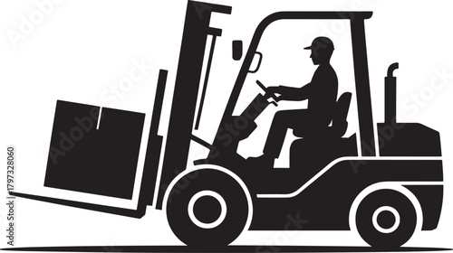 Forklift operator lifting package, warehouse logistics symbol icon