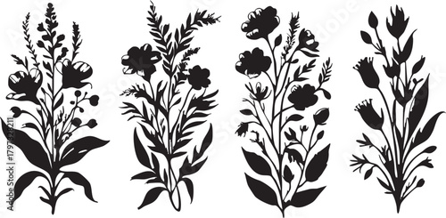 Floral silhouette vector: black and white flower bouquet clip art eps