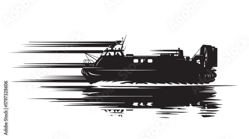 Dynamic silhouette of a powerful hovercraft speeding across the water, ready for action and adventure, symbolizing speed, technology, and modern transportation solutions