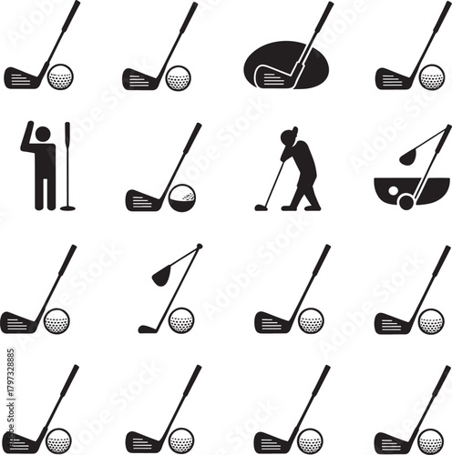 Golf icons set player silhouettes clubs and balls for sport design