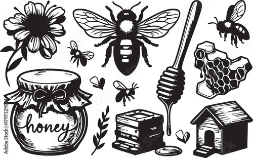 Honey bee vector graphics: honeycomb, honey jar, beehive, and floral elements eps silhouette