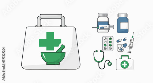 Medical and pharmaceutical supplies illustration with first aid kit pills and stethoscope.