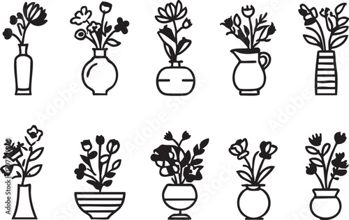Flower vase vector set: black and white floral illustrations for design eps silhouette