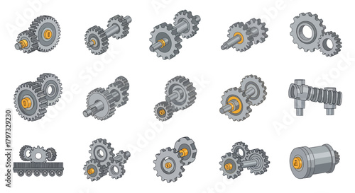 Collection of Intricate Gear and Cogwheel Mechanisms Engineering Components.
