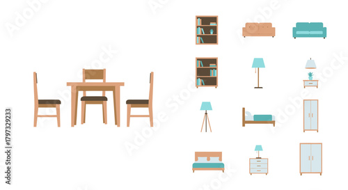 A diverse collection of flat design vector furniture icons for home interior design projects.