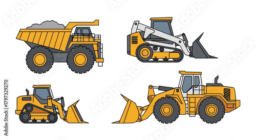 Set of yellow heavy construction vehicles: dump truck skid-steer and wheel loaders.