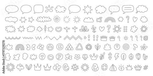 Hand drawn doodle icons clouds stars flowers rainbows hearts and crowns vector