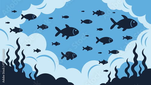 Dive into a serene underwater world teeming with life, fish swimming among seaweed and clouds in calming blue tones for a peaceful, dreamy feel