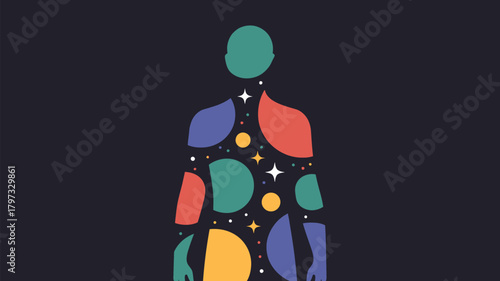Colorful abstract human form with stars, perfect for mindfulness, creativity, and personal growth branding or illustrating unique identities