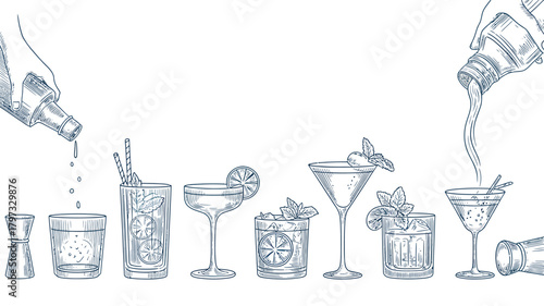 Hand pouring drinks into various cocktail glasses cocktails shaker