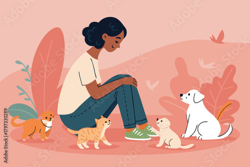 -woman-sitting-on-floor-surrounded-by-kittens-and-.eps