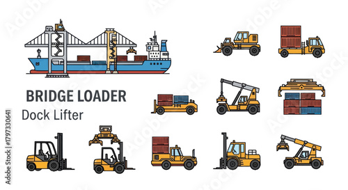 Flat Line Icons of Industrial Cargo Handling and Port Logistics Equipment.