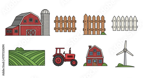Cartoon farm elements collection with barn tractor and fences.