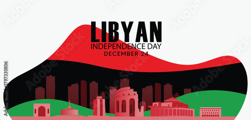 Libya Independence Day skyline with national landmarks illustrated in modern artistic style
