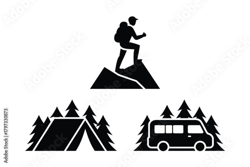 Hiker on mountain peak tent and camper van in forest vector
