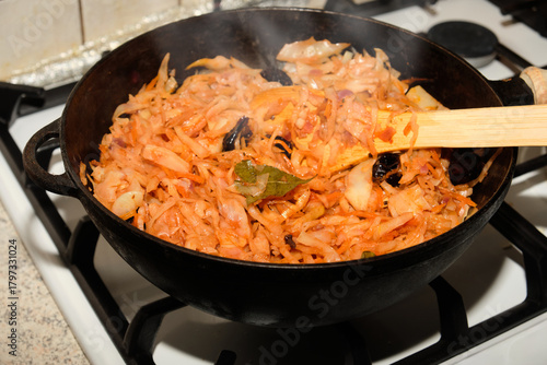 Steaming hot bigos is a traditional dish of Polish and Lithuanian cuisine.