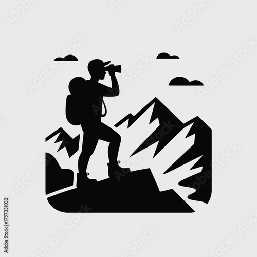 Hiker with binoculars on mountain peak silhouette