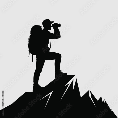 Hiker with binoculars on mountain peak silhouette
