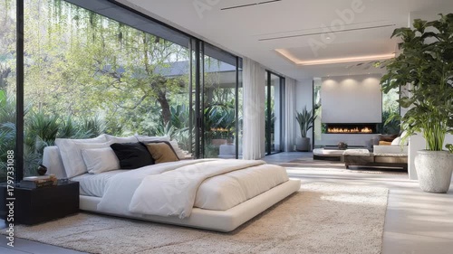 Luxury Modern Bedroom With Large Glass Windows Overlooking Lush Greenery and a Warm Fireplace
