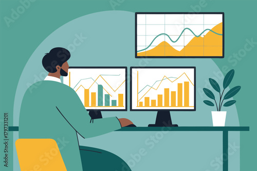 Analyst studying financial data graphs on dual monitors, showcasing charts, digital screens, office environment, focused concentration, and business intelligence.
