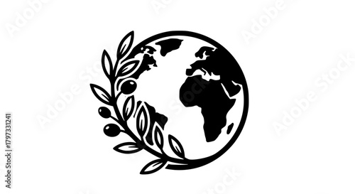Earth Globe Surrounded by Olive Branch Symbolizing Peace and Environment.