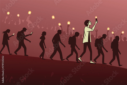 A hauntingly dystopian scene of a zombie-like crowd, faces illuminated by the eerie glow of their phones, shuffling through urban decay.