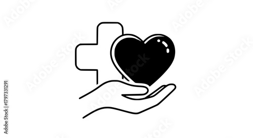 Hand holding a heart and a medical cross symbolizing healthcare and support.
