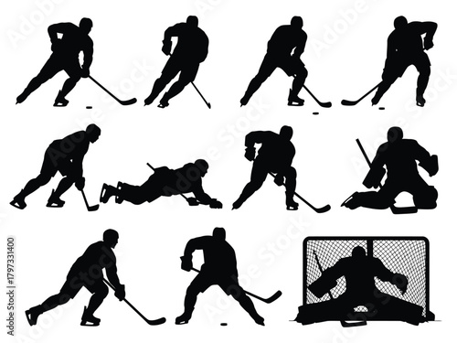Hockey players skating stick handling and goalie defending net skates sticks