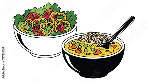Illustration of two colorful bowls one salad and one hearty stew