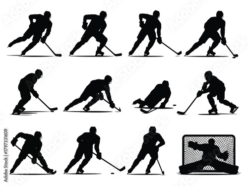 Hockey players skating stick puck goalie net action vector