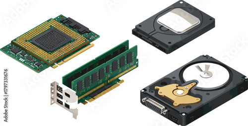 Isometric computer hardware illustration, CPU, RAM, HDD, motherboard, expansion card, tech components, 