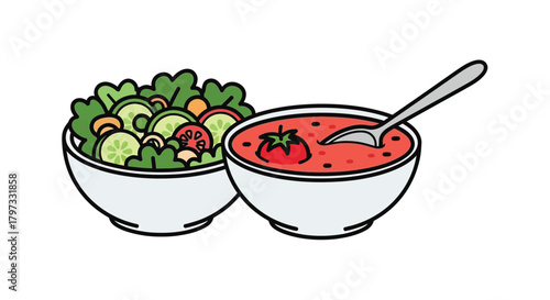 Simple illustration depicting a bowl of salad and a bowl of tomato soup
