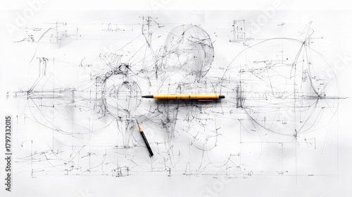 A complex technical drawing with geometric shapes, lines, and annotations, with two pencils placed on the paper.