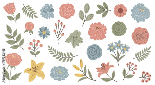 Floral vector set with various flowers, leaves, and berries in pastel colors, perfect for design projects.