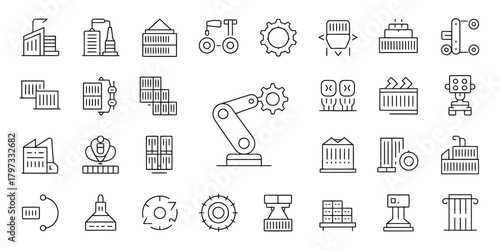 Industrial factory building and machinery icons vector