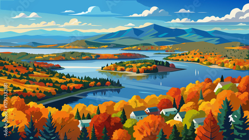 Very beautiful aerial view of Lake Winnipesaukee in fall from Ellacoya State Park in Gilford, New Hampshire, featuring vibrant autumn foliage, clear blue water, and the Ossipee Mountains rising in the