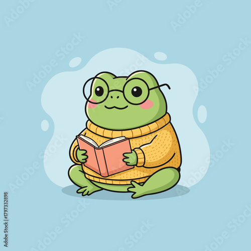 Cute cartoon frog wearing glasses and a yellow sweater, sitting and reading a book on a light blue background.