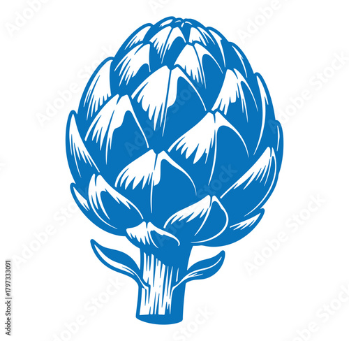 Bold blue vector illustration of a fresh artichoke on a clean white background